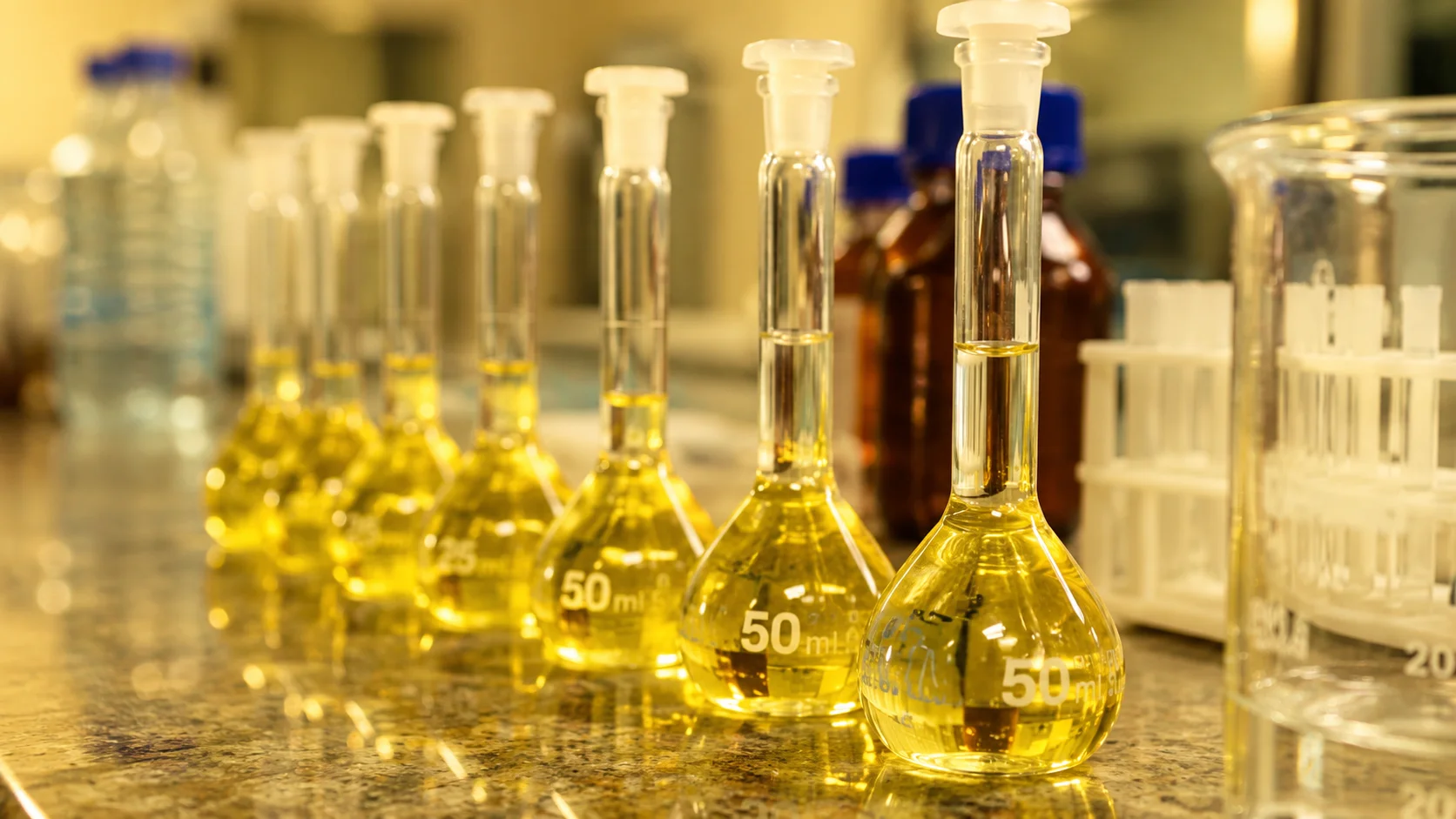 Prepared glassware and reagents on the laboratory bench